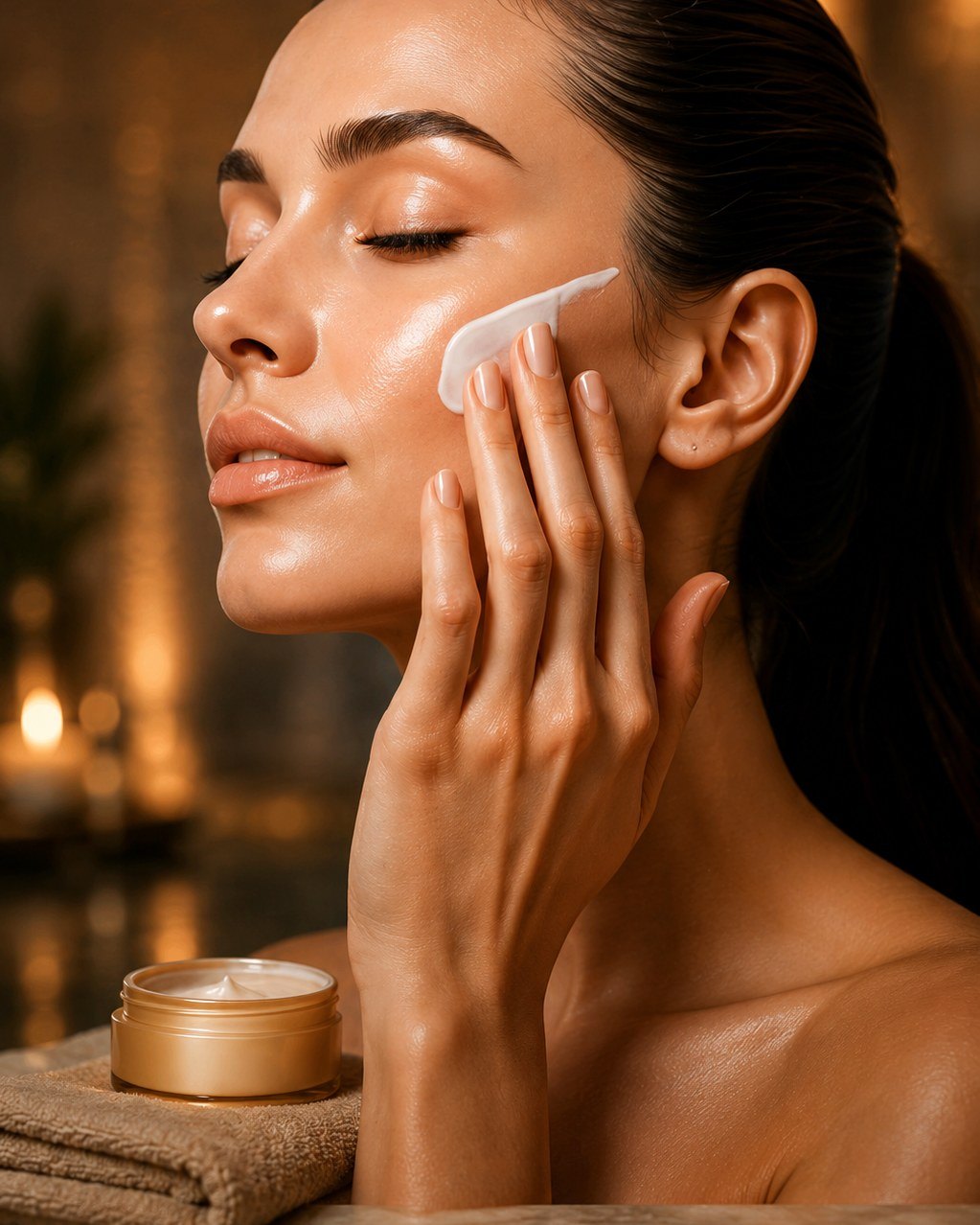 Woman applying skincare with her eyes closed