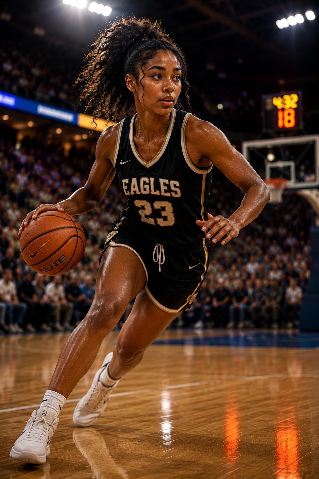 Basketball player dribbling in an arena