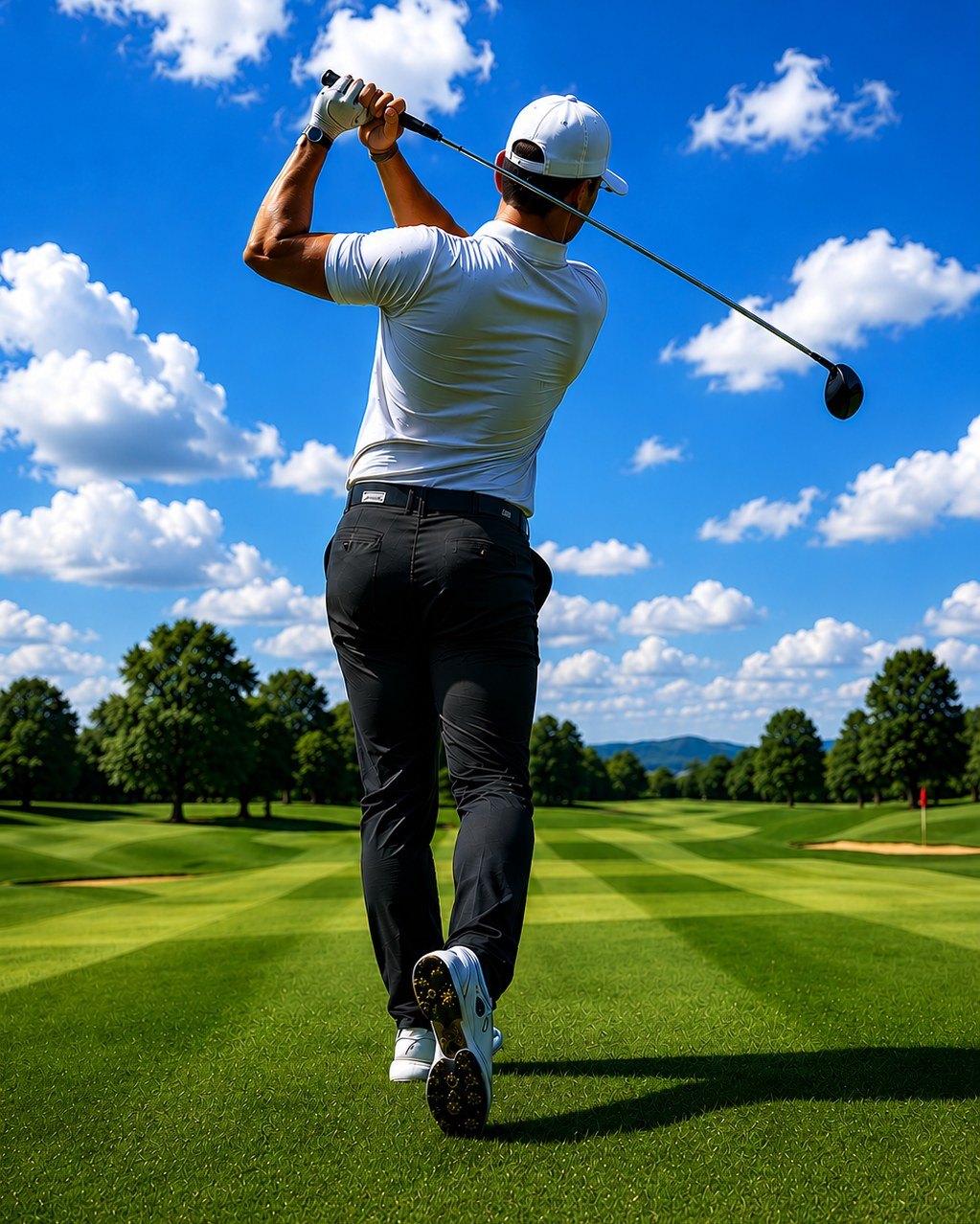 Golfer finishing a swing on a sunny fairway