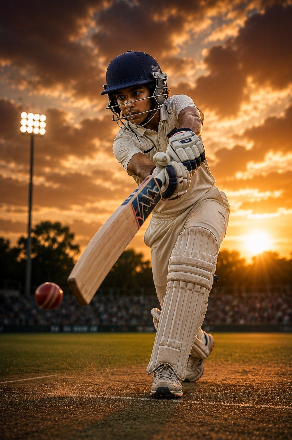 Cricket batter playing a shot at sunset