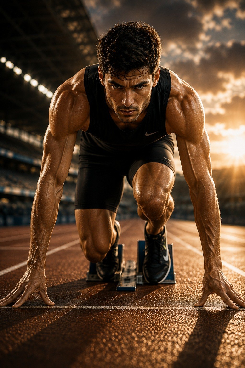 Sprinter in the starting blocks on a track