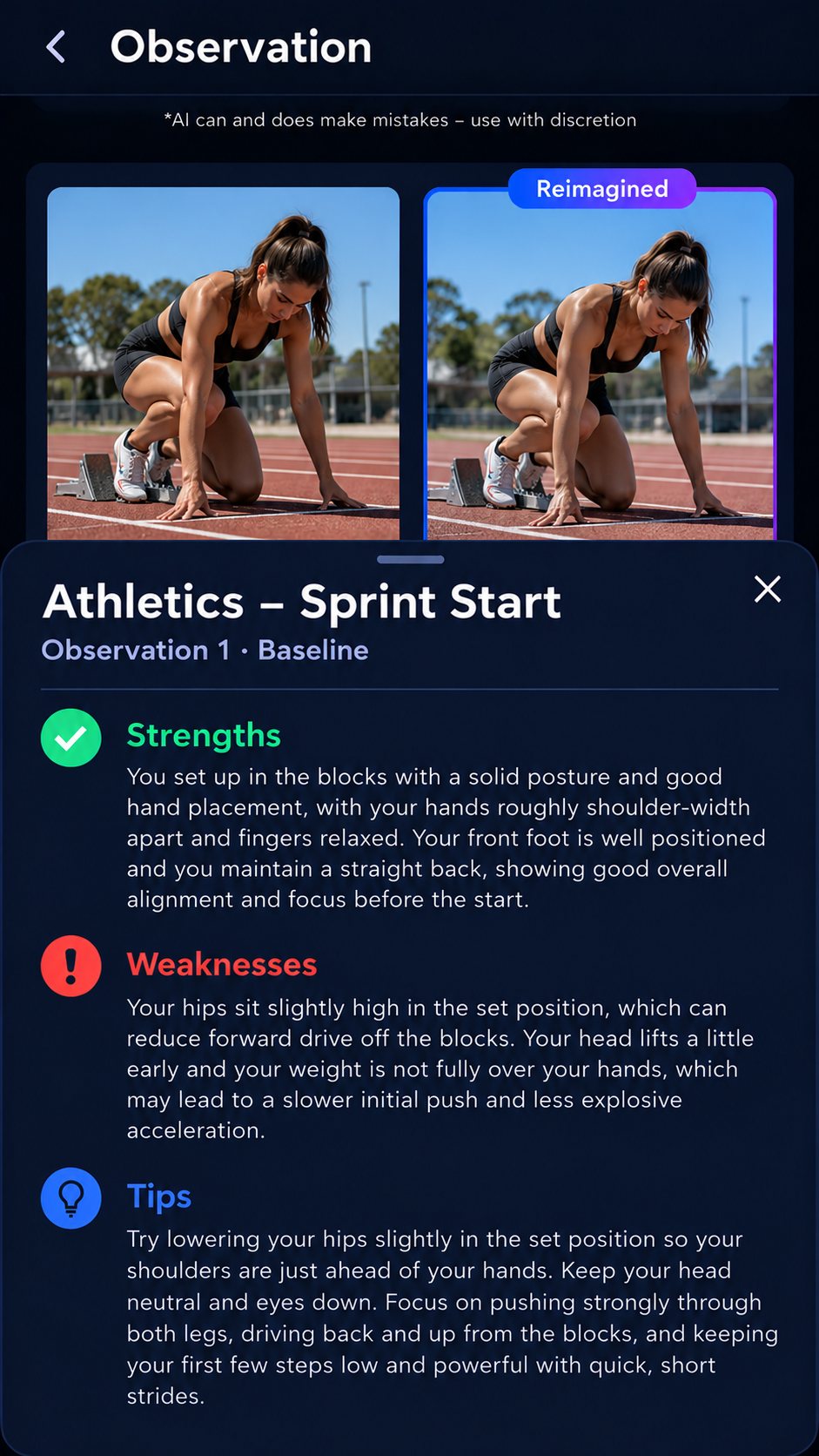 Observe example report for a sprint start showing the original clip, a reimagined improved set position, and strengths, weaknesses and tips