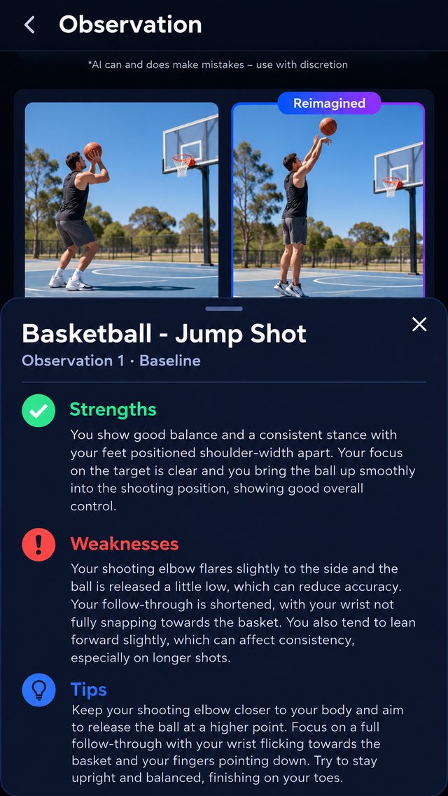 Observe example report for a basketball jump shot showing the original clip, a reimagined improved shot, and strengths, weaknesses and tips