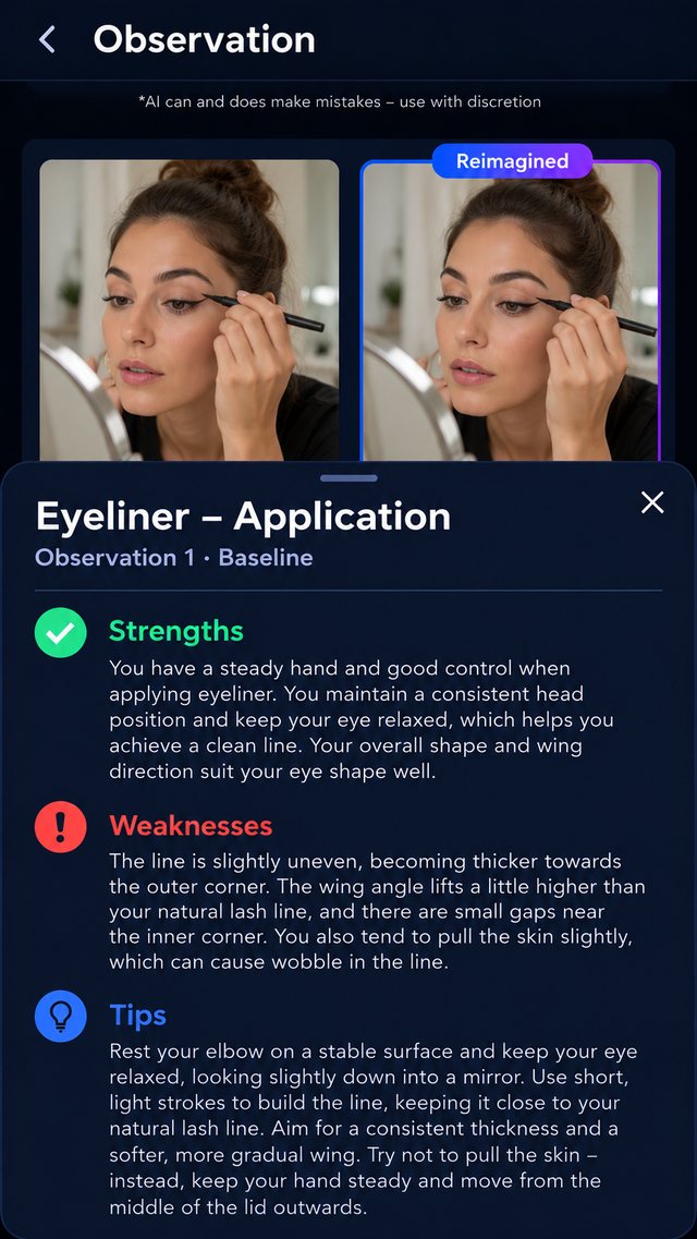 Observe example report for eyeliner application showing the original clip, a reimagined cleaner line, and strengths, weaknesses and tips