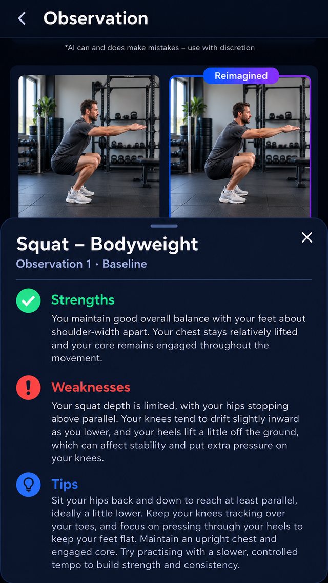 Observe example report for a bodyweight squat showing the original clip, a reimagined deeper squat, and strengths, weaknesses and tips