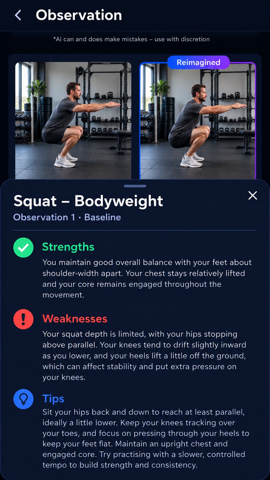 Observe example report for a bodyweight squat showing the original clip, a reimagined deeper squat, and strengths, weaknesses and tips