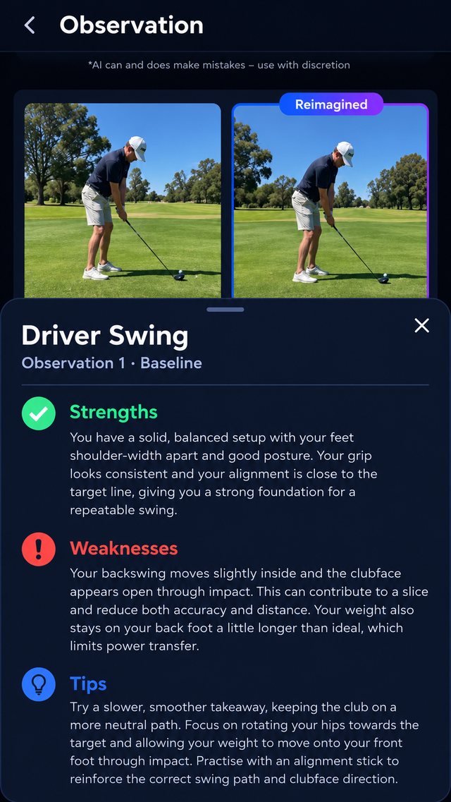 Observe example report for a golf driver swing showing the original clip, a reimagined improved swing, and strengths, weaknesses and tips