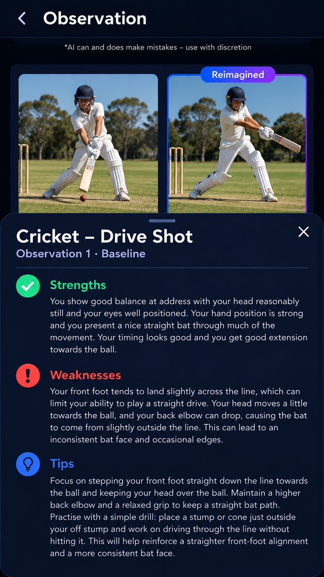 Observe example report for a cricket drive shot showing the original clip, a reimagined improved drive, and strengths, weaknesses and tips