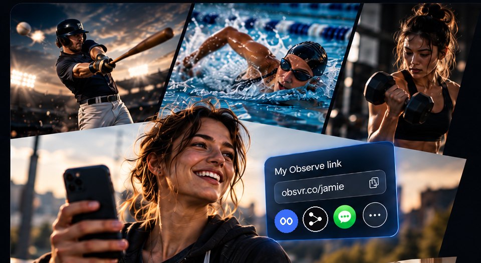A woman sharing her Observe referral link from her phone, with photos of a baseball batter, swimmer, and weightlifter who used Observe