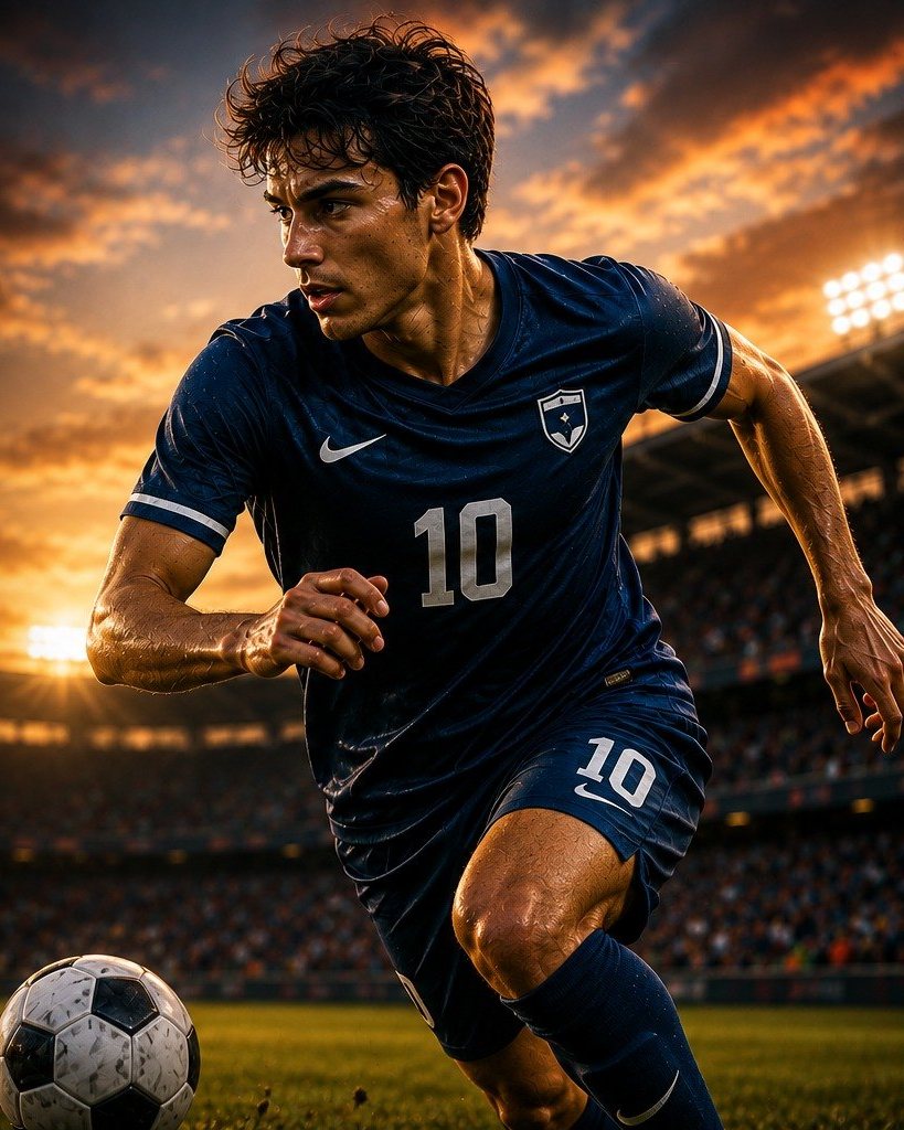 Soccer player in a navy kit running with the ball at sunset